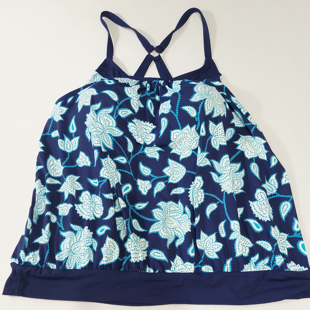 CROFT & BARROW Womens Plus 1x Blue  Print Halter Tankini Swim Bathing Suit Top
